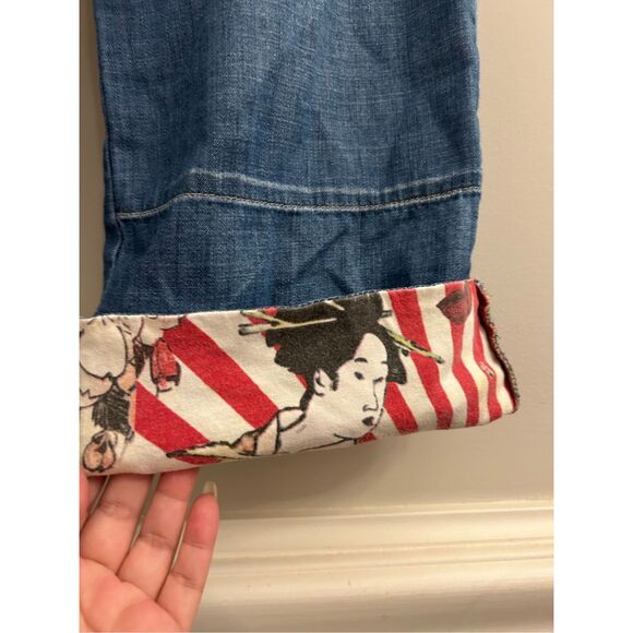 Y2K Lucky Brand Jeans Japanese Ukiyoe Art Pattern Cropped Jeans size 29 Hippie - Picture 5 of 12